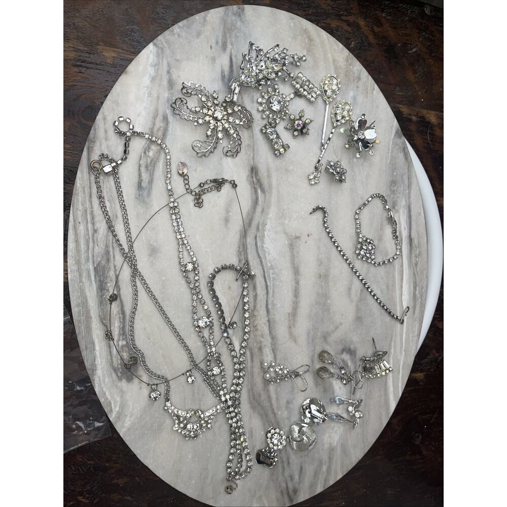 Jewelry Lot VTG Rhinestone Costume  Silver Tone Necklace Bracelet Brooch Mix